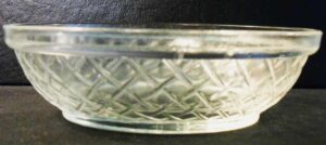 Smaller size hen dish (bottom only). This has been found to be an Hocking Glass Company product.