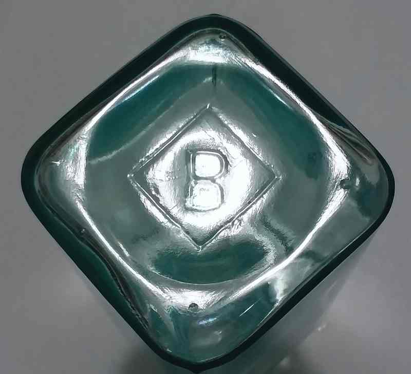 B inside a diamond ~ mark on the base of a blue-aqua horseradish or pickle bottle made by Binghamton Glass Company