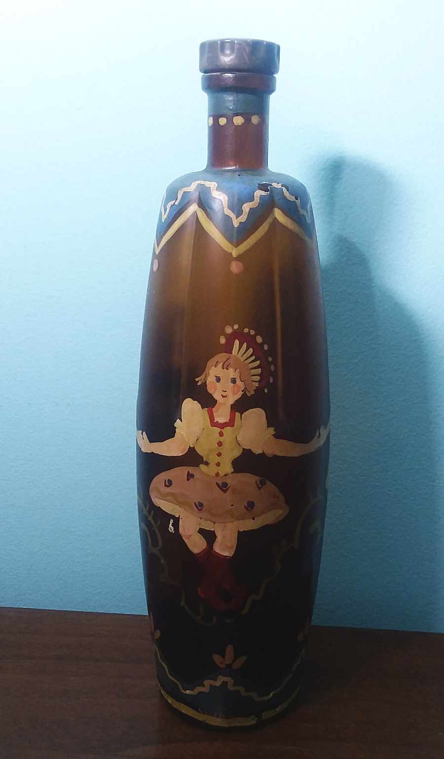 Maywood Glass Company bottle - handpainted with dancing girls - MG connected mark on base. The original contents of this bottle are unknown, possibly a wine or vinegar bottle.