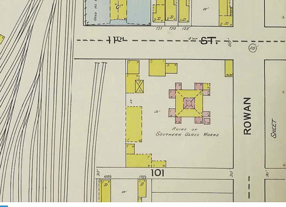 Southern Glass Works factory site - detail of Sanborn Fire Insurance Company map from 1892 - map is oriented with North toward the left side of the map. 