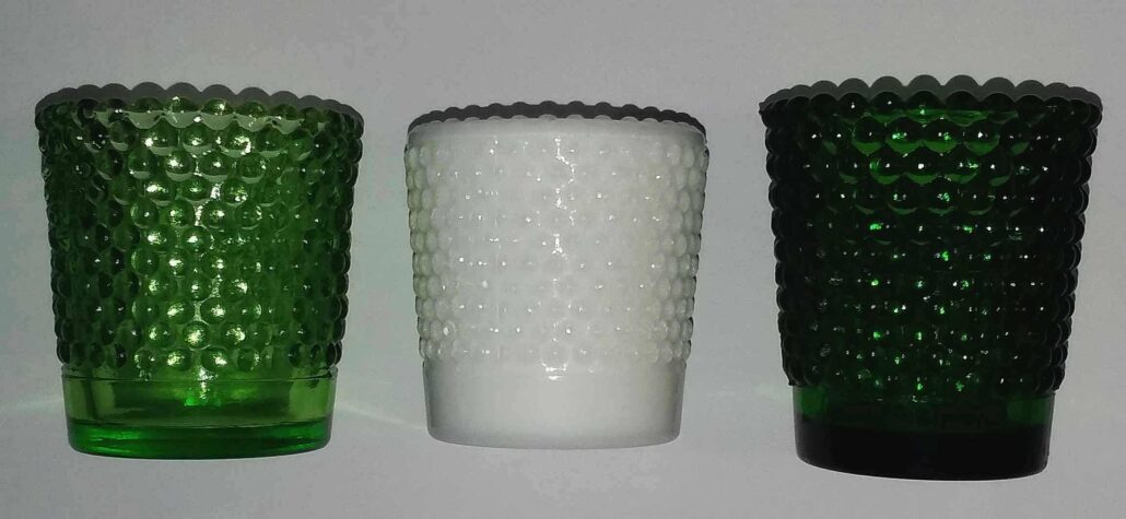 Light Green, White Milk Glass, and Dark Forest Green - the two green examples are unmarked on the base; the milk glass votive is marked "MADE IN HONG KONG". 