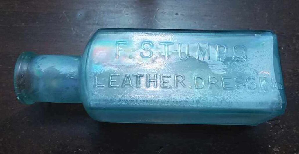 "F. STUMPS LEATHER DRESSING" antique aqua shoe/leather dressing bottle - circa 1880s - 1890s - from Philadelphia PA. 