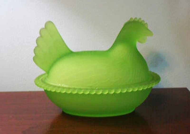 Frosted / Matte / Satin Green Indiana Glass "Hen-on-Nest - covered candy dish" - Indiana Glass Company, Dunkirk, Indiana. Frosted / Matte / Satin Green Indiana Glass "Hen-on-Nest - covered candy dish" - Indiana Glass Company, Dunkirk, Indiana.