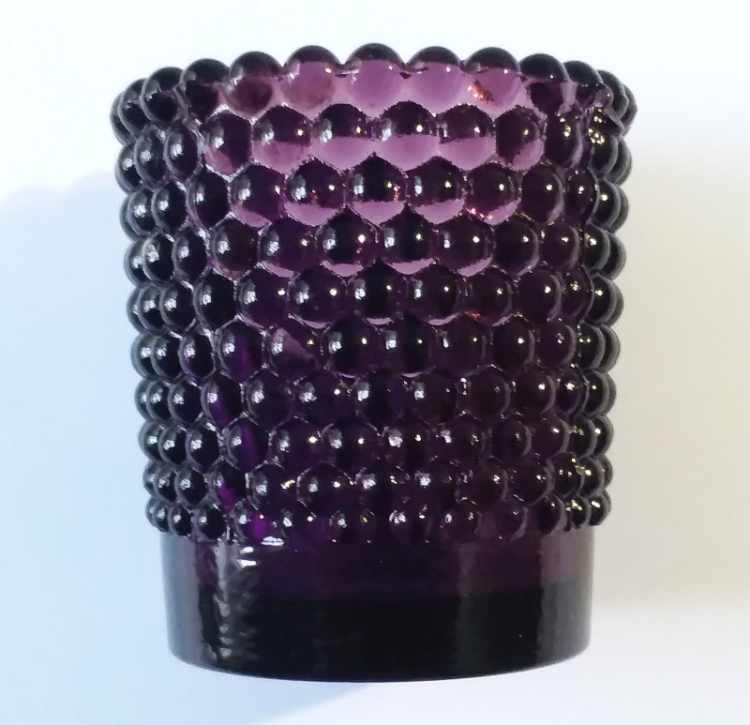 Purple glass hobnail type votive candleholder - unknown maker. This example is unmarked on the base.