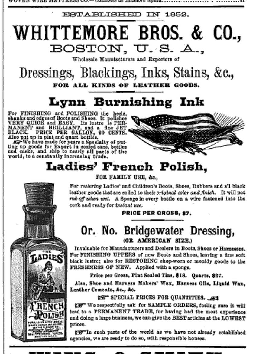 Whittemore Bros &amp; Company  - advertisement posted in the AMERICAN EXPORTERS - 1878,  Volume 3,  page 41. If the cut showing this "Ladies French Polish" bottle was accurate as to actual design, this would have been an unembossed, generic "square footprint" type often used for shoe dressings.  There are no known bottles of this particular shape that are embossed with the WHITTEMORE name, so the type illustrated in this ad was almost certainly a "slick" (unembossed style) that bore a paper label carrying the information on the product.