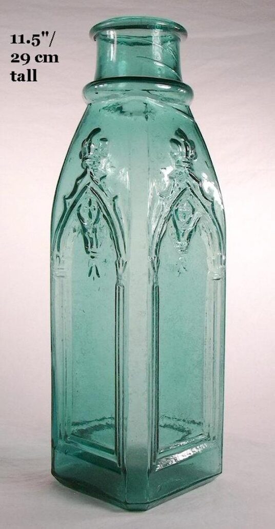 Typical deep aqua "Gothic Cathedral" pickle bottle - made in many design variants - this pic courtesy of Bill Lindsey (Historic Bottle Website - secure-sha.org) 