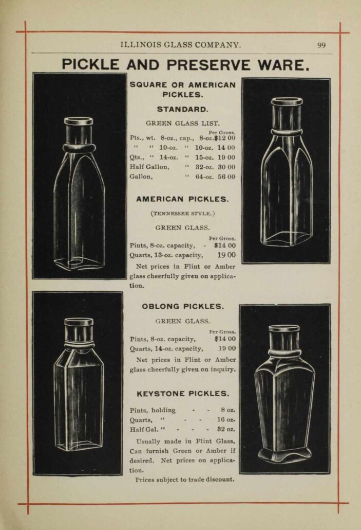Illinois Glass Company - 1897 bottle catalog, page 99 - showing "Standard" and  "American" /  "Tennessee" style pickle bottles.  (CMOG catalog pages photo archives).