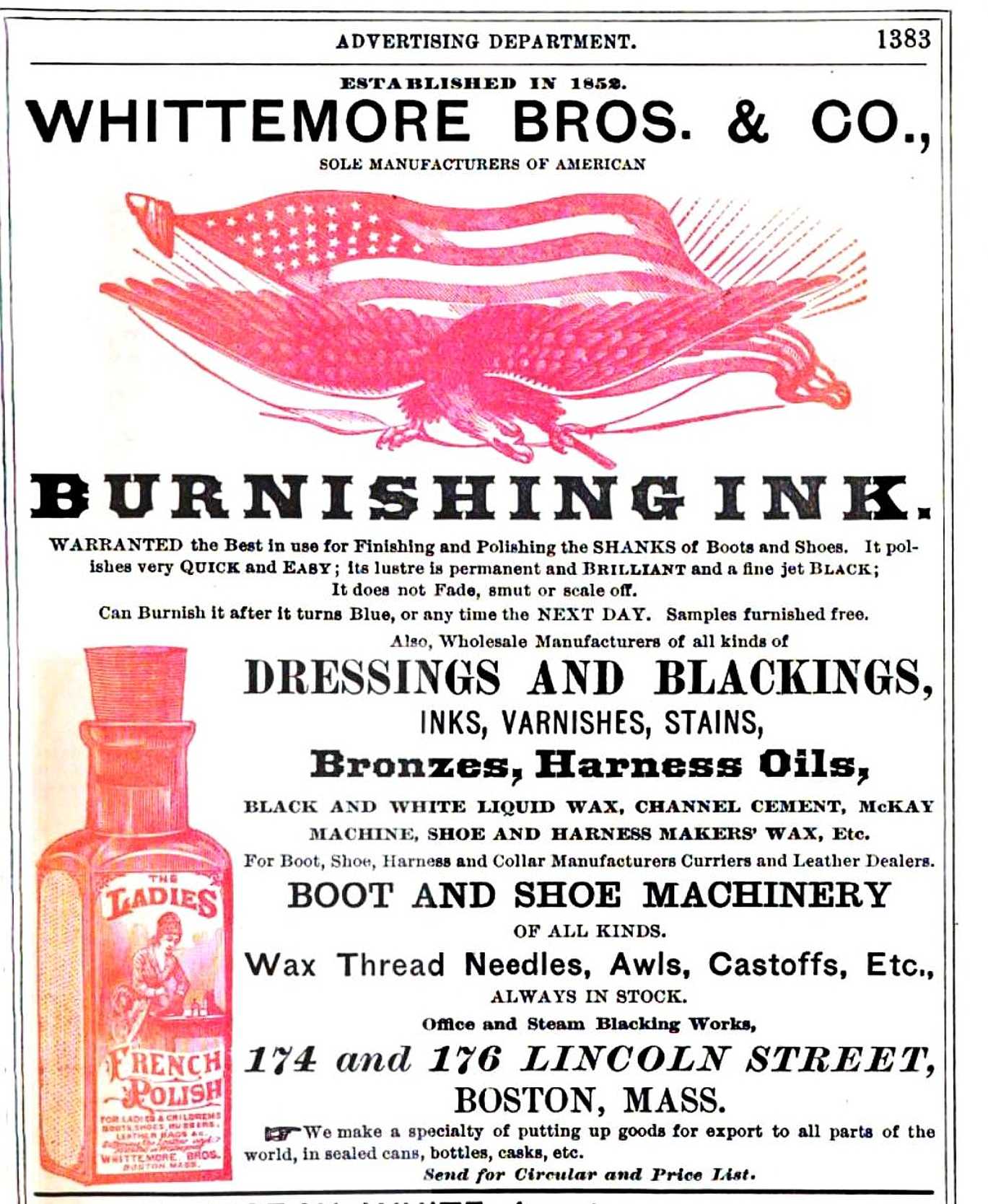 1878 BOSTON DIRECTORY Advertisement for Whittemore Bros &amp; Company - this ad appeared on Page 1383.  This is the same bottle as picture above but has been "colorized" for a special ad section in the publication.  As above, this was almost certainly a "generic"<strong> unmarked</strong> square type with the information included on the paper label. 
