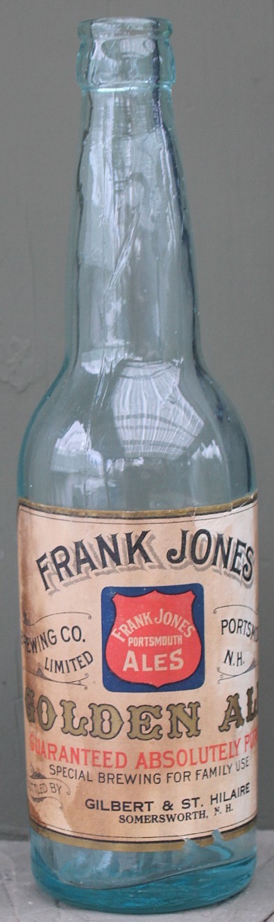 AB-connected - V 6 - blue aqua beer bottle with label attached - for Frank Jones Golden Ale (photo courtesy of Eric Halkyard). AB- V 6 - blue aqua beer bottle with label attached - for Frank Jones Golden Ale (photo courtesy of Eric Halkyard).