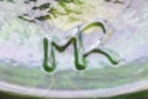 "MR connected" mark on base of olive green oil lamp, possibly Mexican or European. (Photo courtesy of Kath)