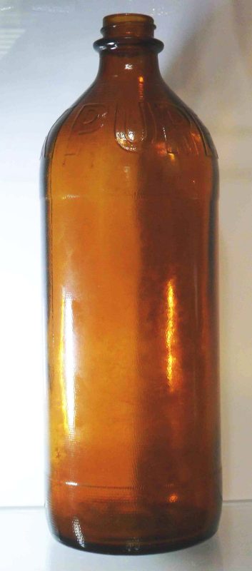 Amber "PUREX" bleach bottle made by Obear-Nester Glass Company ~ "N in a square" trademark on bottom. PUREX bottle in amber glass, circa 1950s, made by Obear Nester Glass Company, E. St. Louis, Illinois - N in a square mark on the bottom.