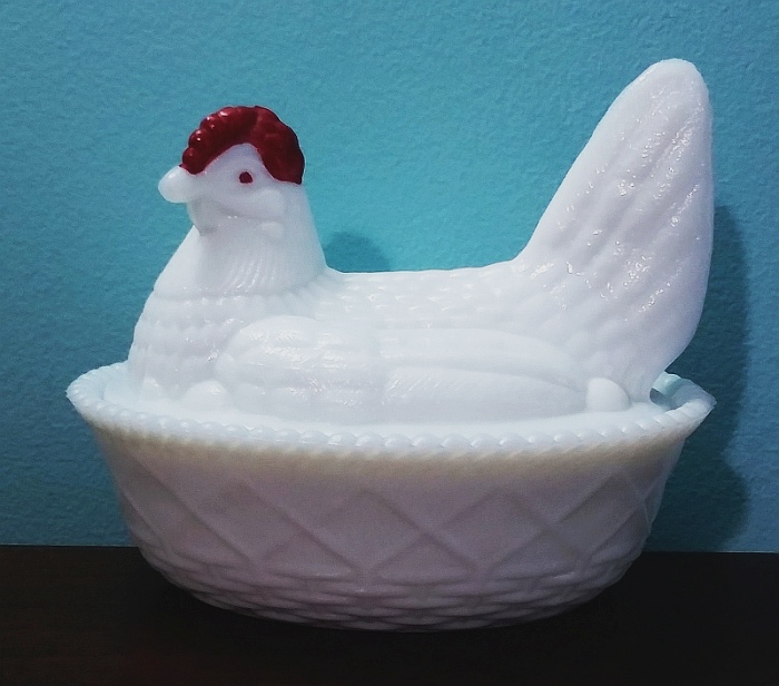 Westmoreland Glass Company white milk glass "Hen on Nest" candy dish - with red comb Westmoreland Glass Company white milk glass "Hen on Nest" candy dish - with red comb